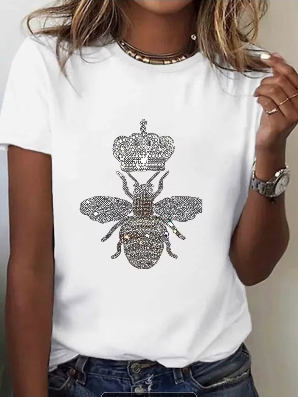 Women's White Bee Crown Embellished Graphic Tee